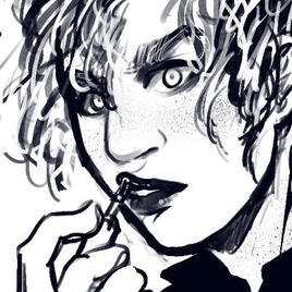 Black and white sketch of a person putting on lipstick, looking at the viewer in surprise